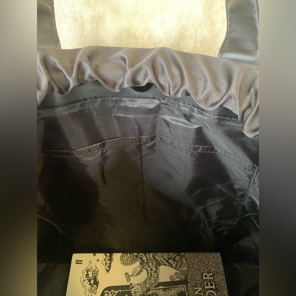 Versace Perfums Black Faux Leather Tote Bag Gold Accents Drawstring Magnetic Big - Picture 8 of 13